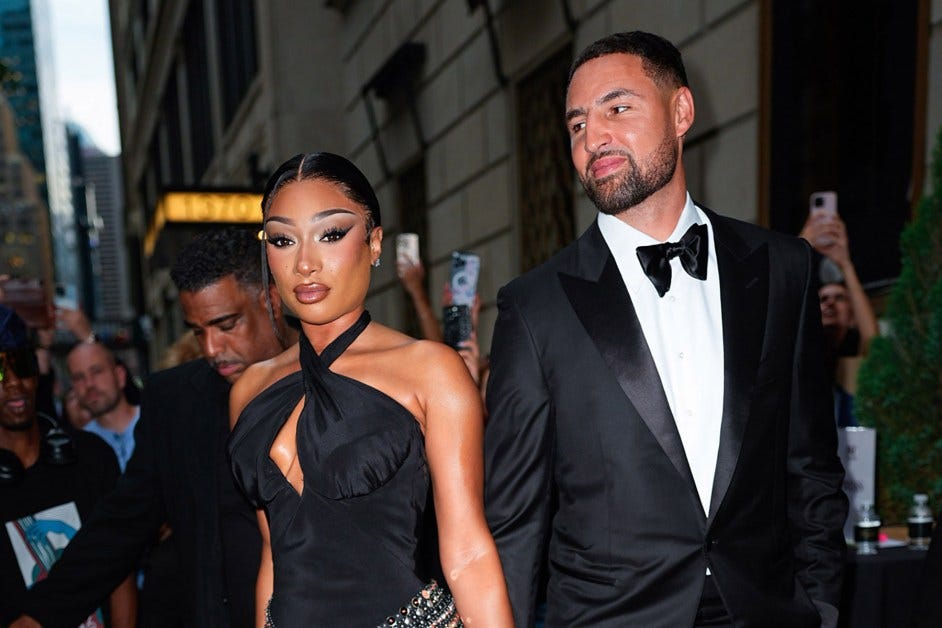 Megan Thee Stallion Supports Klay Thompson at Game & Gifts Him A Chain