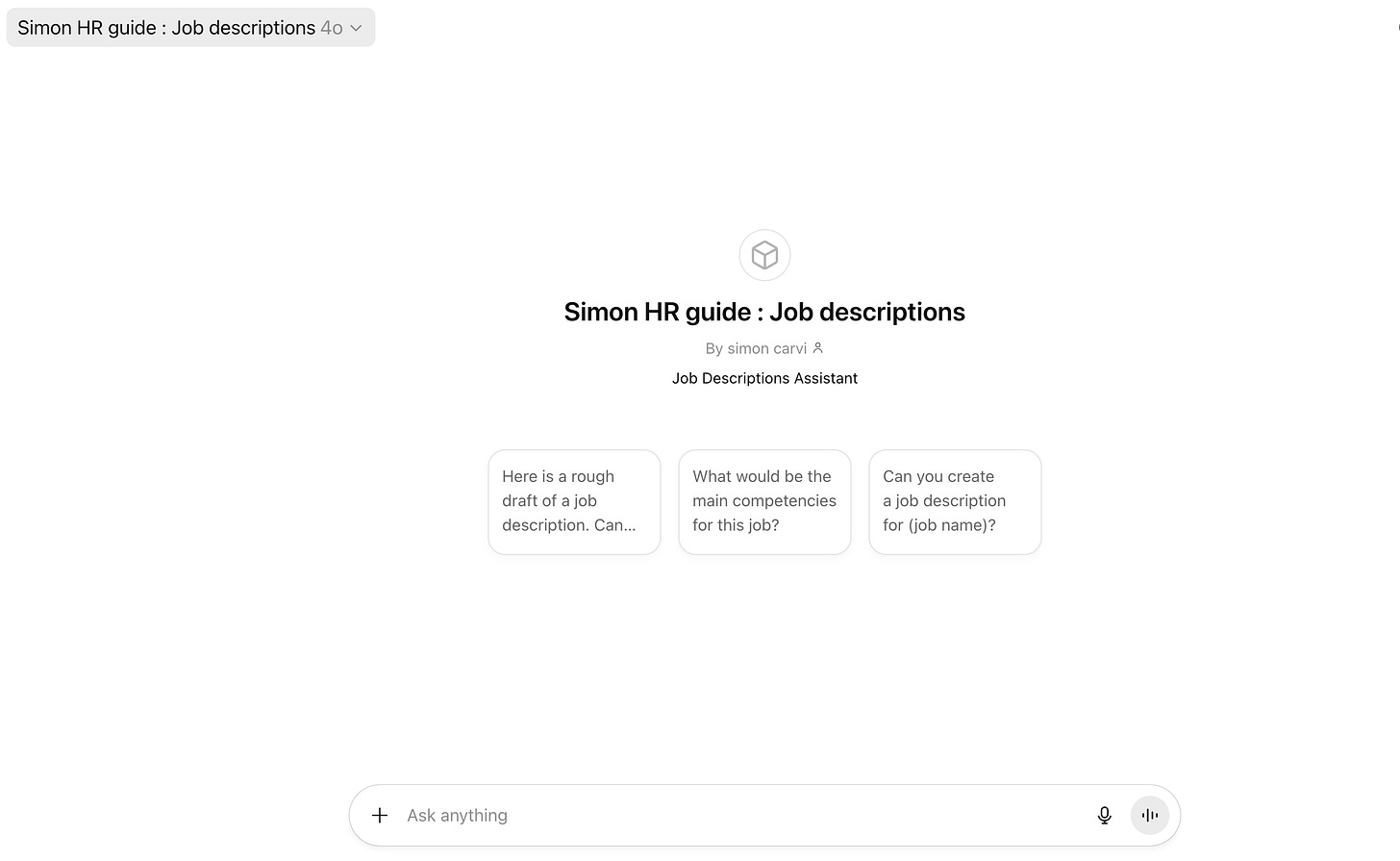 Screenshot of Simon HR Guide: Job Descriptions — a ChatGPT for HR assistant that helps create job descriptions and identify key competencies for specific roles.