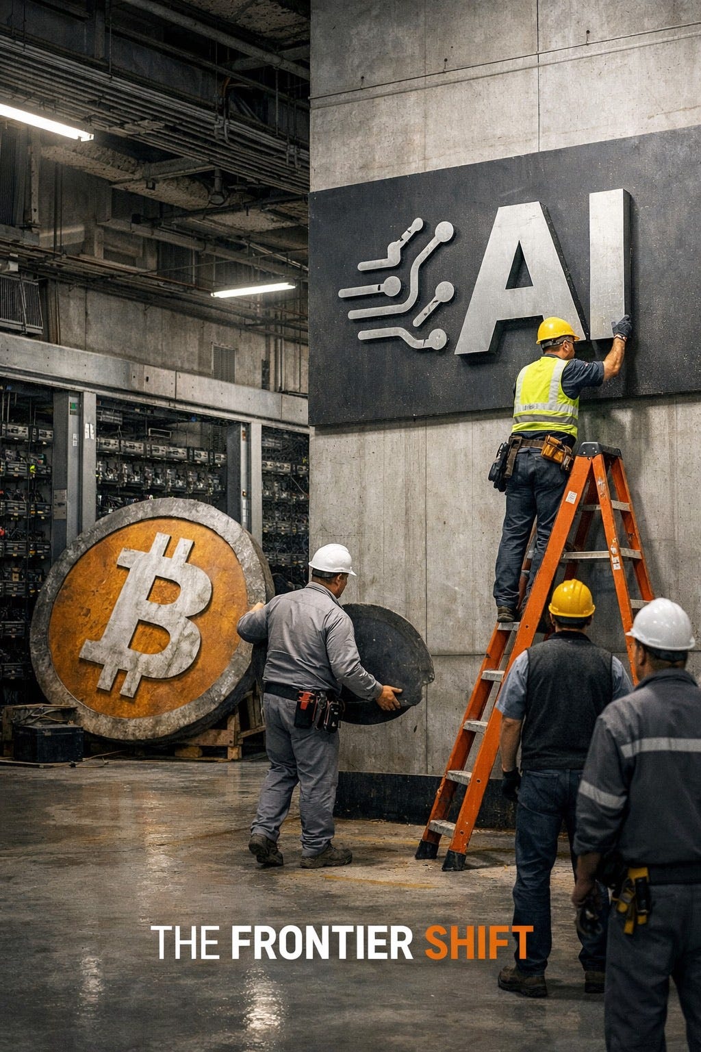 Image of workers taking down Bitcoin logo in place of an AI logo. -The Frontier Shift Newsletter