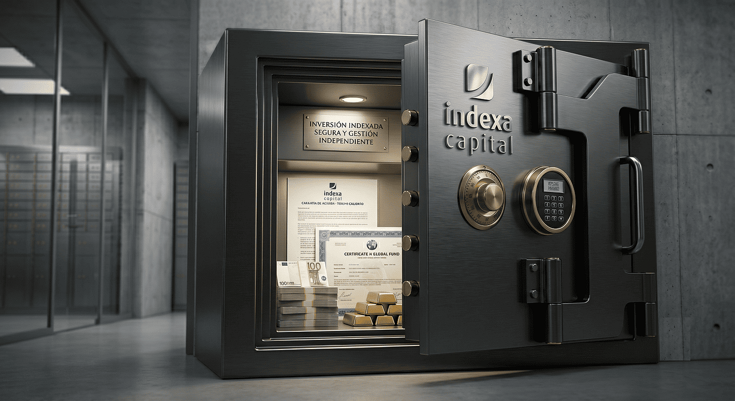 Caja fuerte con el logotipo de Indexa Capital, representando la seguridad de los fondos indexados y la protección del inversor en el servicio de inversión de Indexa Capital en caso de quiebra 