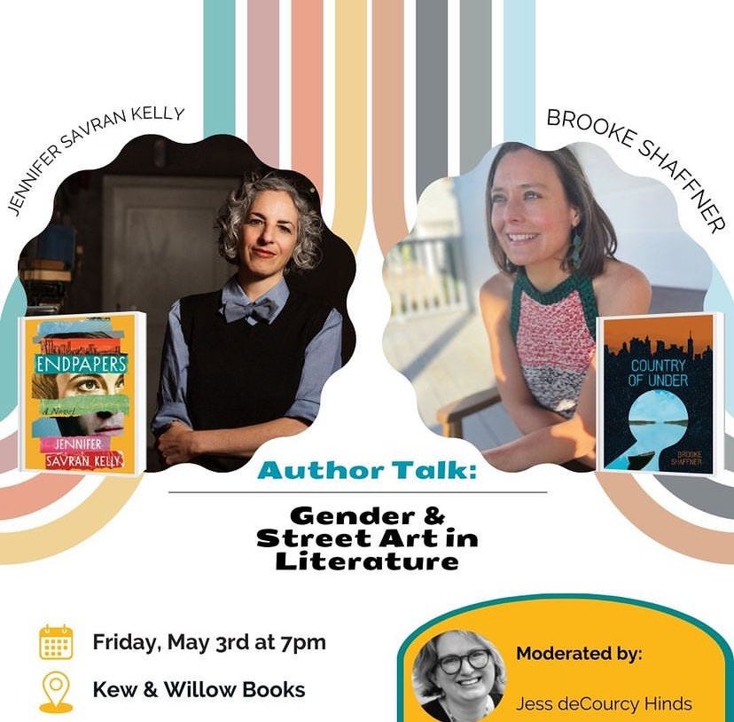 A graphic with the event details. It has photos of Brooke, Jess, and me, plus my novel ENDPAPERS and Brooke's novel COUNTRY OF UNDER
