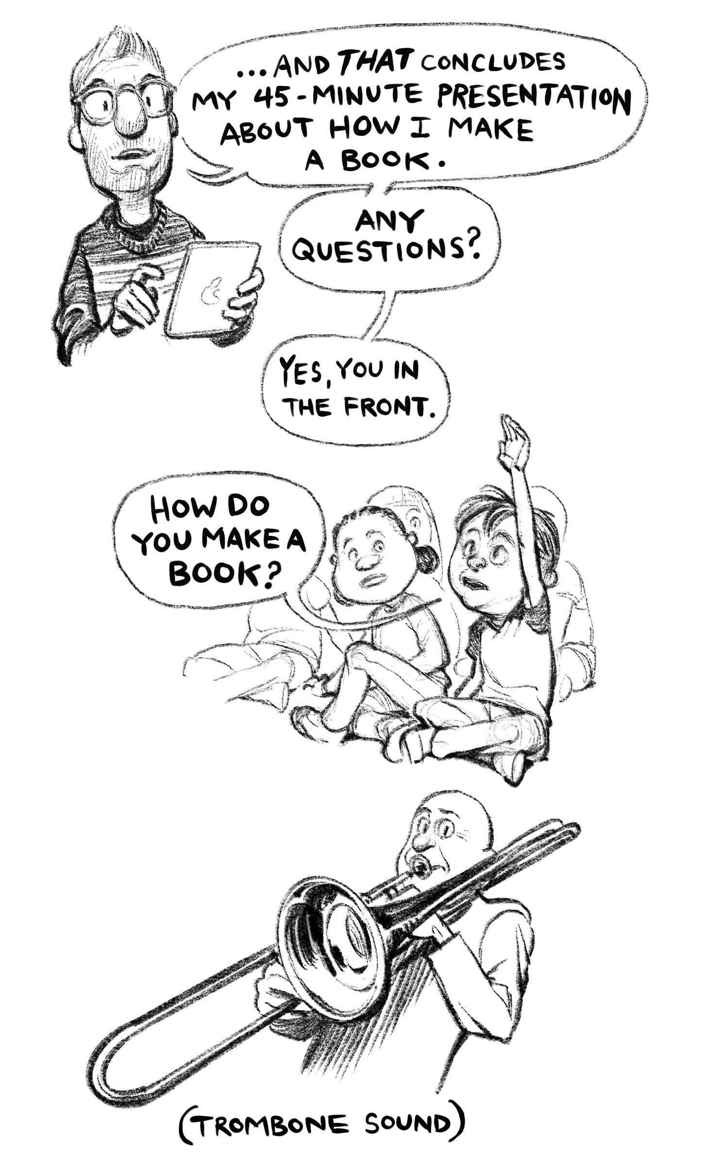 And that concludes my 45-minute presentation about how I make a book. Any questions? Yes, you in front. How do you make a book?