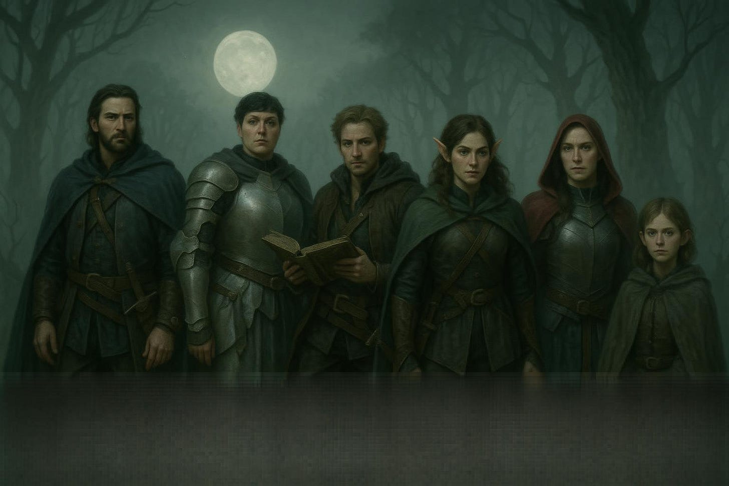 A dark fantasy illustration of a party preparing to ascend Yester Hill. Fleetwood, inspired by Richard Armitage, stands tall with rugged features and a sword at his side. Clarion, inspired by Gwendolyne Christie with black hair, wears gleaming armor and grips a holy symbol. Felonious, inspired by Ben Whishaw, holds a tome close, his expression sharp and contemplative. Greegan, inspired by Matt Ryan, wears rogue’s leathers, posture ready for a fight. Silverleaf, inspired by Tatyana Maslany with elven features, has keen eyes and a hand resting on her satchel, faint butterfly glow within. Ireean, inspired by Tamsin MacKenzie, wears a long crimson coat over armor, her stance protective. Arabelle, inspired by Caliee Speny, stands close, youthful but resolute. The mist coils around them, firelight flickers from distant druids atop Yester Hill, and the atmosphere is tense with anticipation.