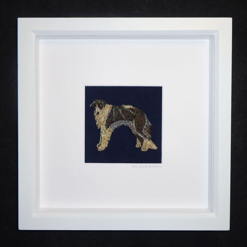 Framed beaded Borzoi Russian Wolfhound pet portrait gold brindle AKC the lone beader etsy artist boston 