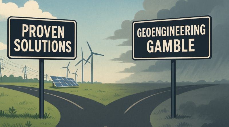 ChatGPT generated this image to illustrate the stark choice between proven climate solutions—like renewables and electrification—and the risky uncertainty of geoengineering