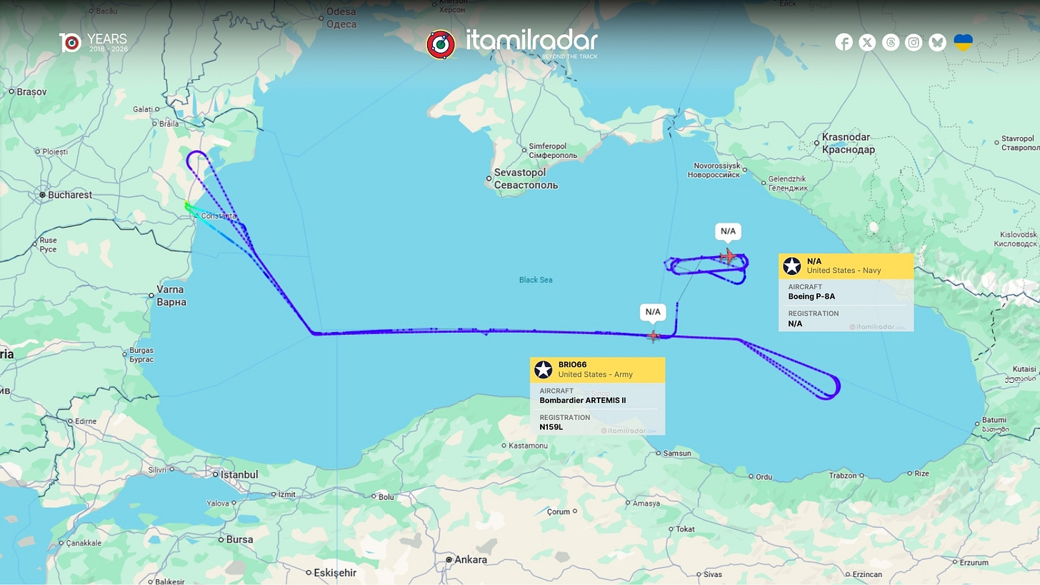 Flight tracks of a US Navy P-8A Poseidon and a US Army ARTEMIS II ISR aircraft over the Black Sea, operating from Constanta and focusing on the eastern basin near Novorossiysk.