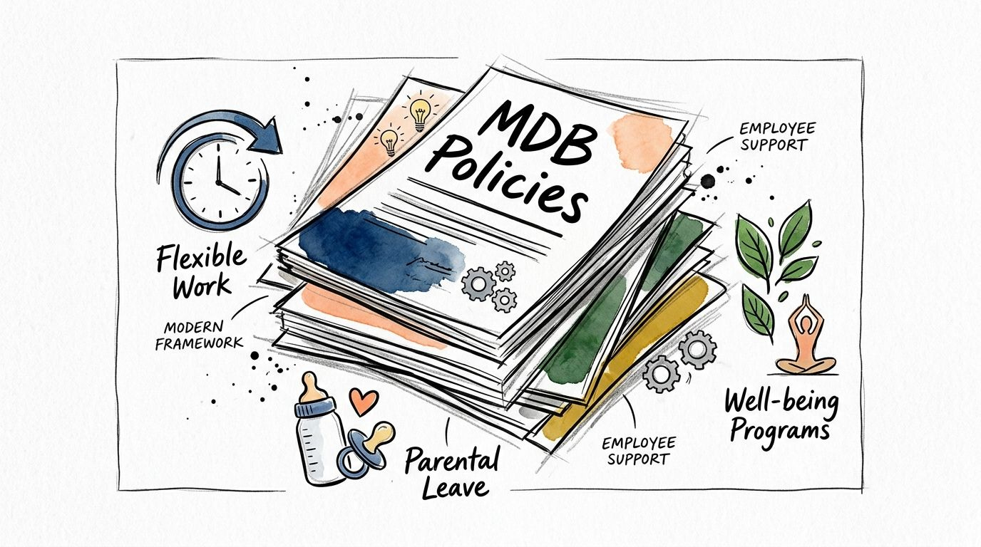 A hand-drawn illustration depicting MDB workplace policies featuring flexible work, parental leave, and employee well-being programs. A hand-drawn illustration depicting MDB workplace policies featuring flexible work, parental leave, and employee well-being programs.