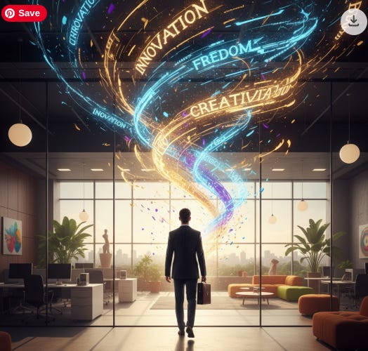 person leaving a dark corporate office walking into a bright sunny scene with words swirling around him (writing career after 50)