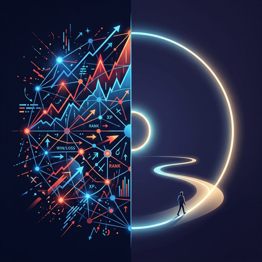 Two Geometries: A chaotic, dense web of interconnected glowing nodes on the left versus a serene, self-contained glowing circle on the right
