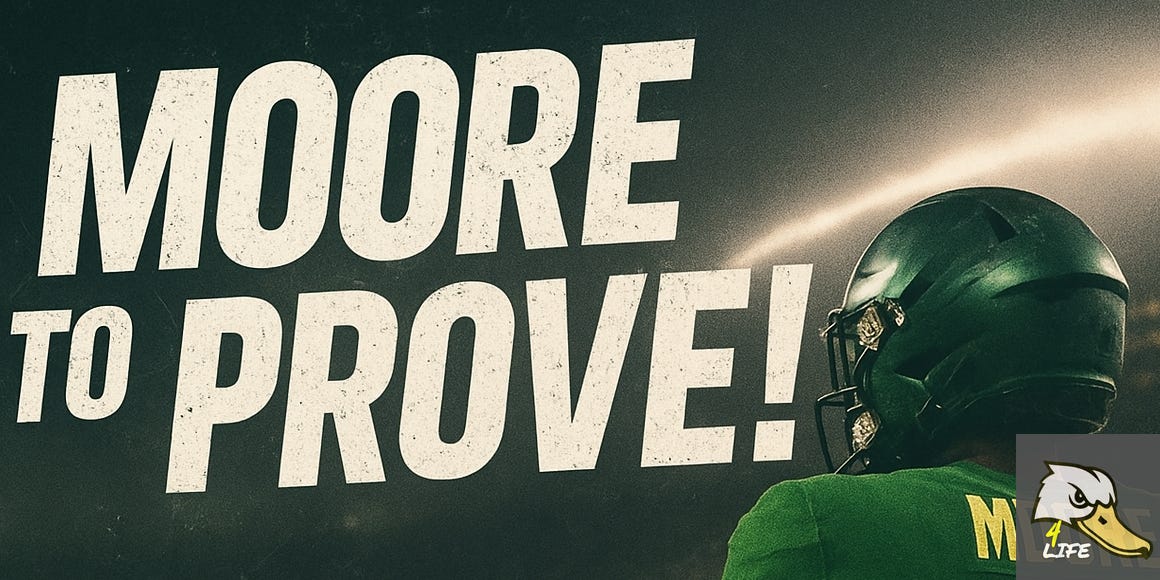 Oregon Ducks QB Dante Moore stands on the field at Autzen Stadium with bold text reading “Moore to Prove!” above him, symbolizing resilience and determination after Oregon's 2025 loss to Indiana. Deals on fan gear, seats, and premium Oregon Football coverage at www.Ducks4.Life