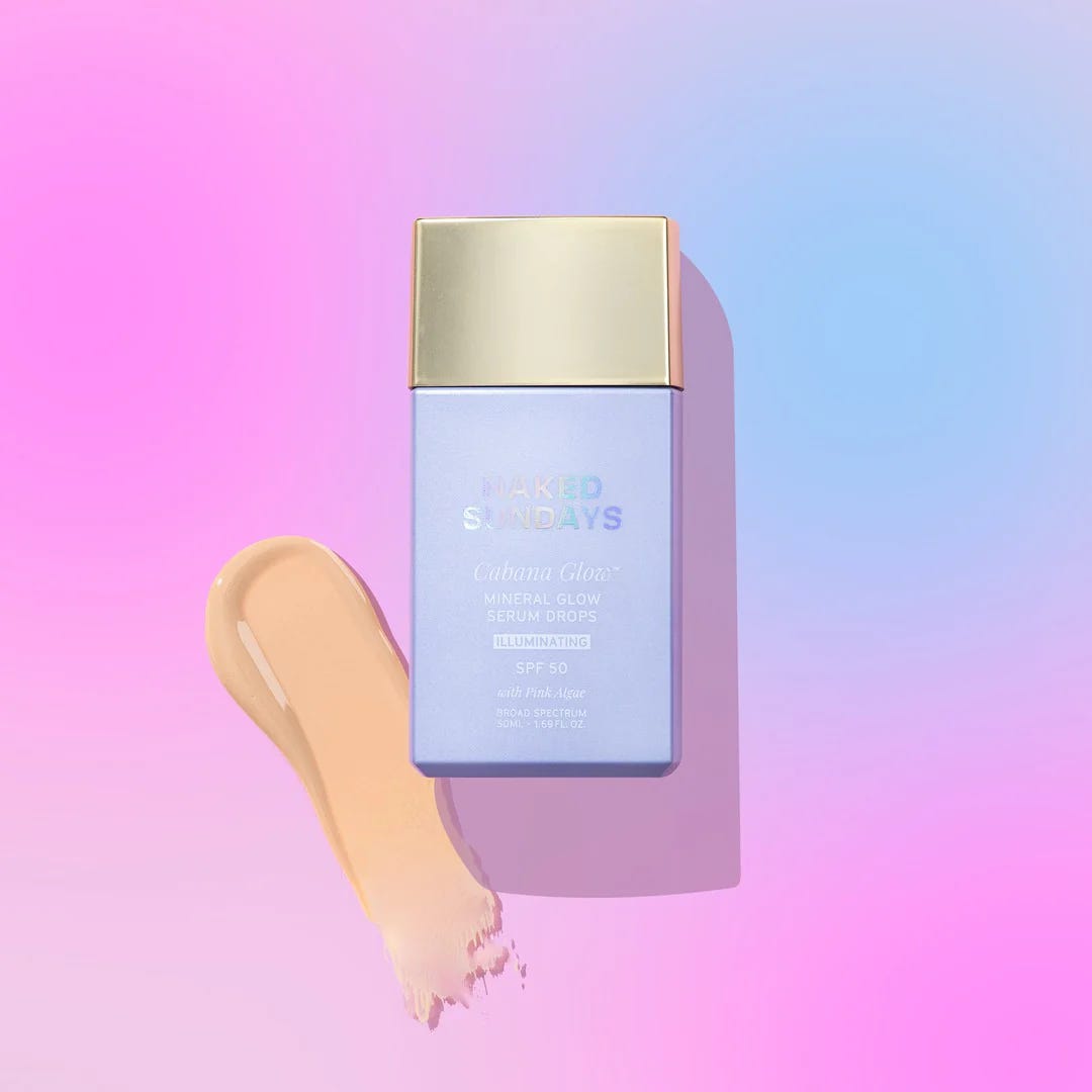 A bottle of Naked Sundays CabanaGlow Mineral Glow Drops SPF 50 Sunscreen in the shade Illuminating. A bottle of Naked Sundays CabanaGlow Mineral Glow Drops SPF 50 Sunscreen in the shade Illuminating.