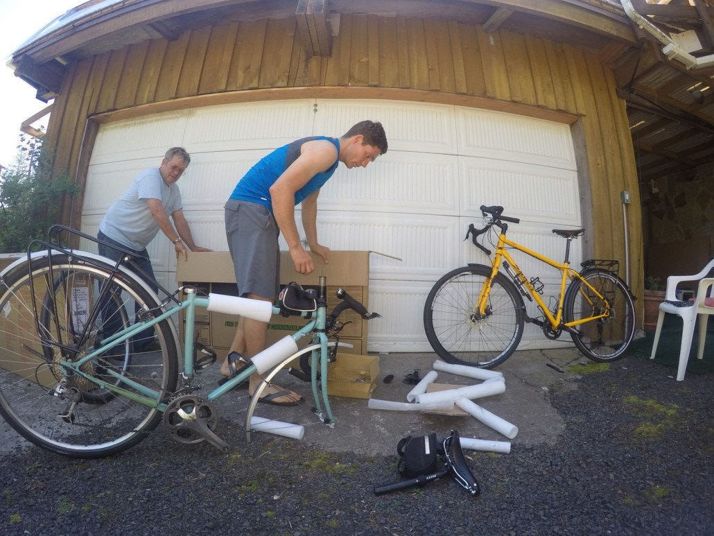Taking the bikes apart to box and ship them through on the plane. SCARY.