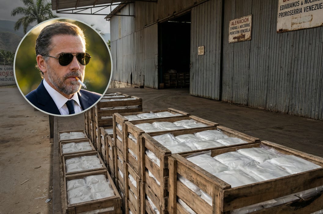 Rows of crates containing white powder outside a South American warehouse, with an inset headshot of Hunter Biden wearing sunglasses and smoking a cigarette. Rows of crates containing white powder outside a South American warehouse, with an inset headshot of Hunter Biden wearing sunglasses and smoking a cigarette.