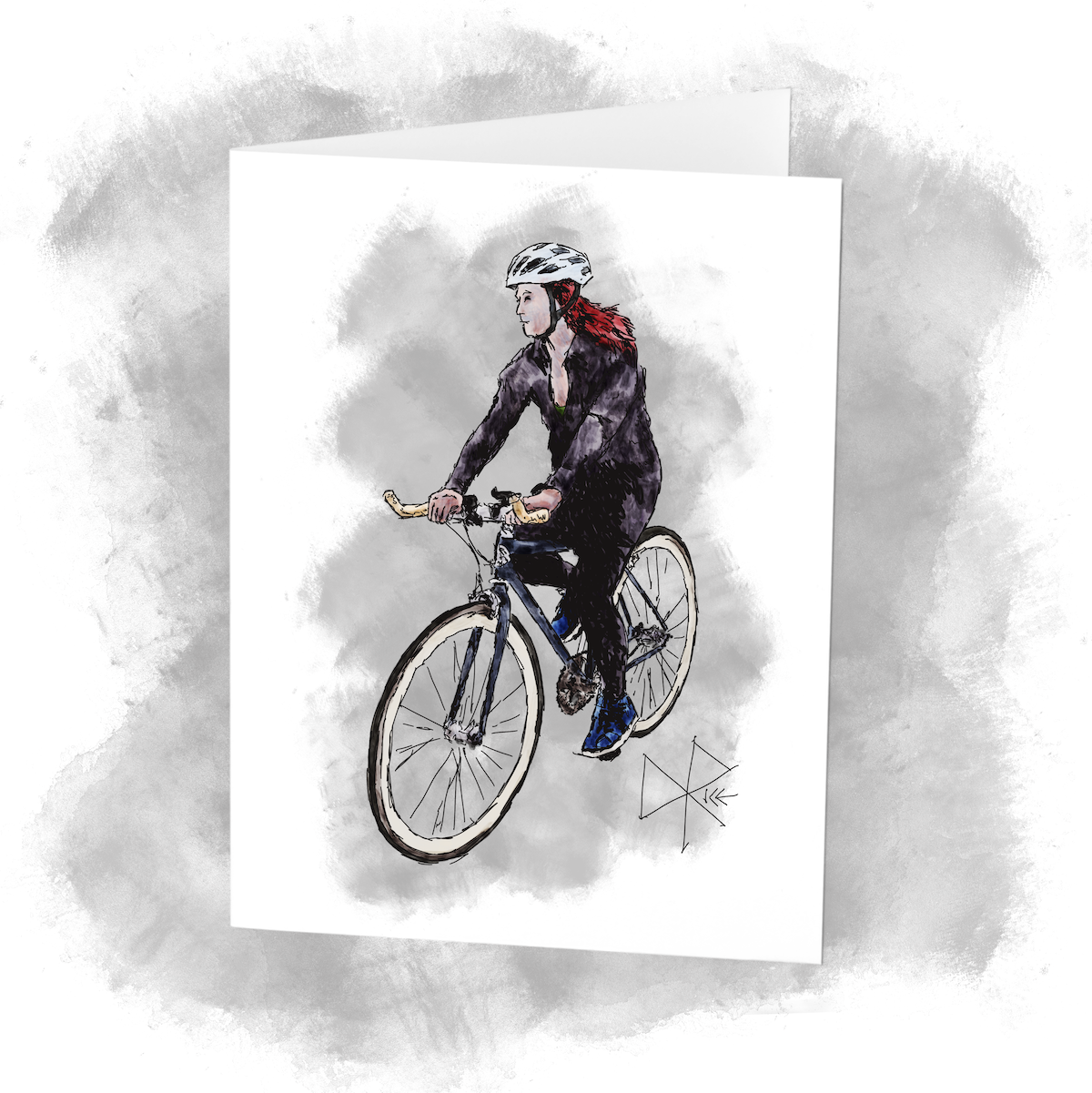 A woman in active cycling gear, whizzing along on her bicycle. Sketch art by Don Rice. A woman in active cycling gear, whizzing along on her bicycle. Sketch art by Don Rice.