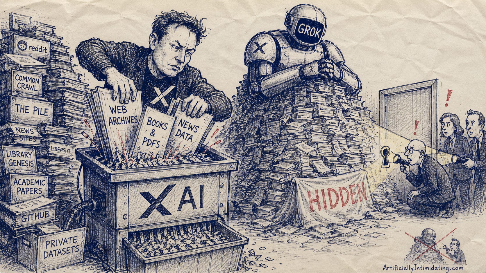 AI-generated editorial cartoon in a rough hand-drawn blue-ink sketch style on crumpled paper. A frantic Elon Musk figure wearing an X logo shirt stuffs giant documents labeled “Web Archives,” “Books & PDFs,” and “News Data” into a massive xAI-branded shredder. Beside him, a towering Grok robot sits protectively atop an enormous mountain of hidden papers and datasets. On the right side, regulators and investigators crouch outside a locked door, shining flashlights through a keyhole while trying to see inside. Red pen accents highlight warning marks and the word “HIDDEN” draped across the pile. The composition emphasizes secrecy, corporate power, and attempts to conceal AI training data. ArtificiallyIntimidating.com signature appears in the corner.