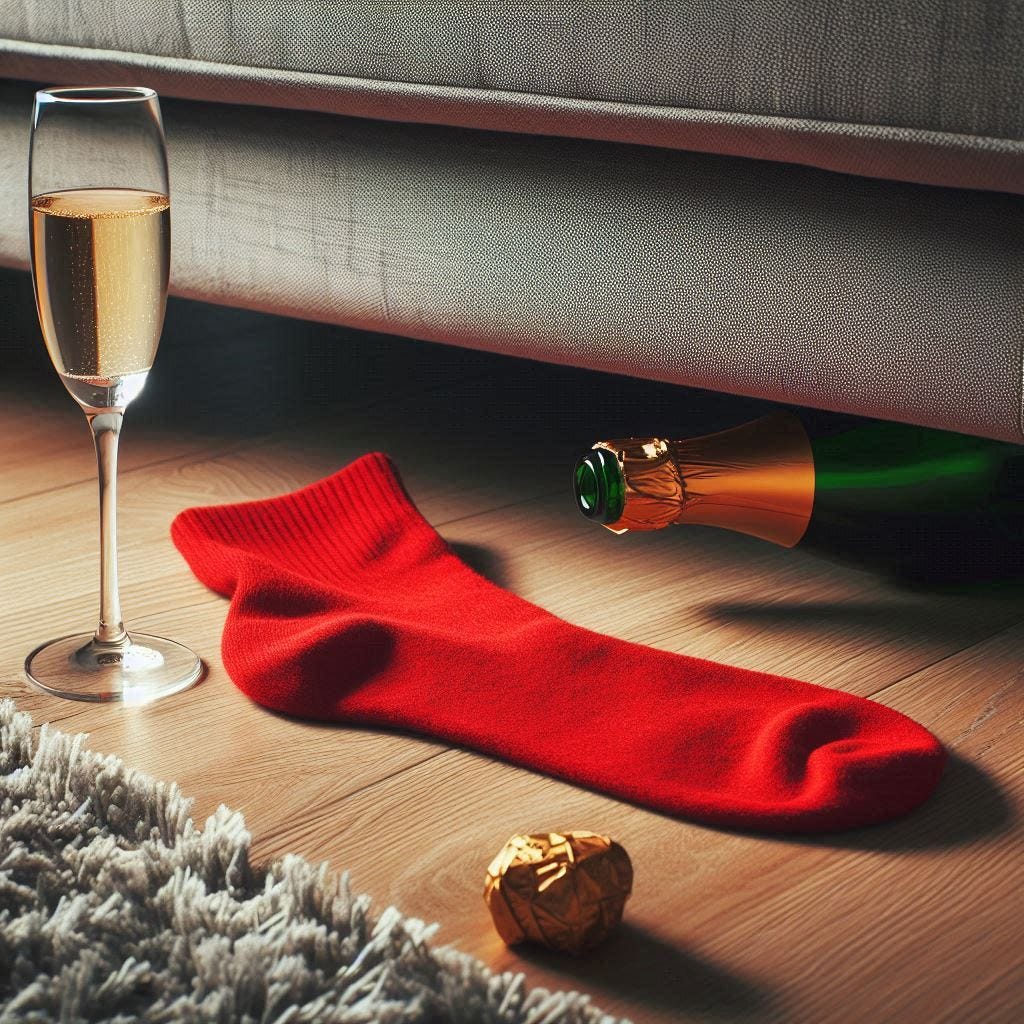 un calcetín rojo perdido bajo un sofá en un salón con una copa de champagne cerca