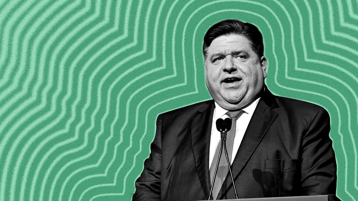 Photo illustration of J. B. Pritzker with lines radiating from him. Photo illustration of J. B. Pritzker with lines radiating from him.
