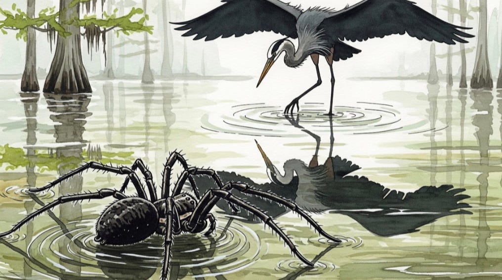 Great Heron casting a scary shadow over the bayou for the Scuba Spider.