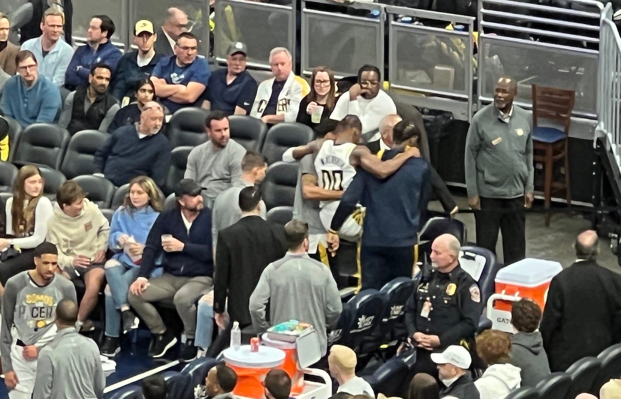 George Hill and James Johnson carried Mathurin off the court Thursday in a win over the Houston Rockets. George Hill and James Johnson carried Mathurin off the court Thursday in a win over the Houston Rockets.