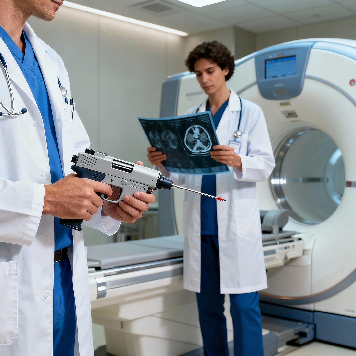 Doctor with biopsy gun and radiologist with prostate MRI images beside MRI scanner.