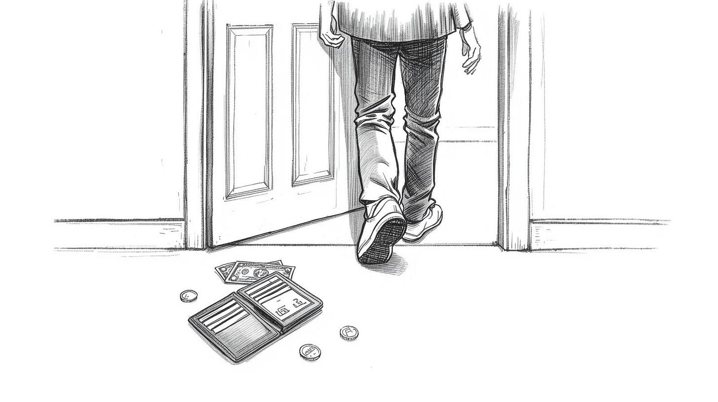 Figure walking out a door while wallet empties itself on the floor
