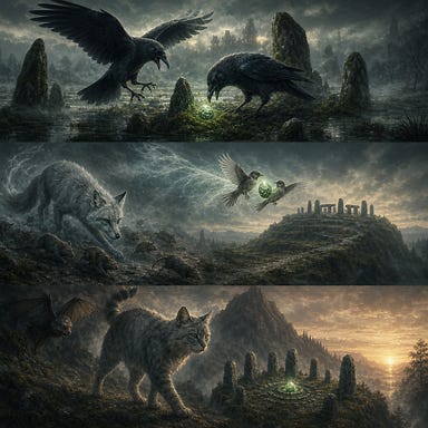 Vision of the three fanes: two ravens circling above a misty bog then landing to bury a viridian gem among moss‑covered standing stones; a silver‑furred fox driving off rats before transforming into two sparrows that carry an emerald gem to a terraced hilltop stone circle; a regal old she‑cat casting off a bat and walking toward sunrise to bury a sage‑green gem at a mountain spur stone circle, all scenes woven together in ethereal Barovian light