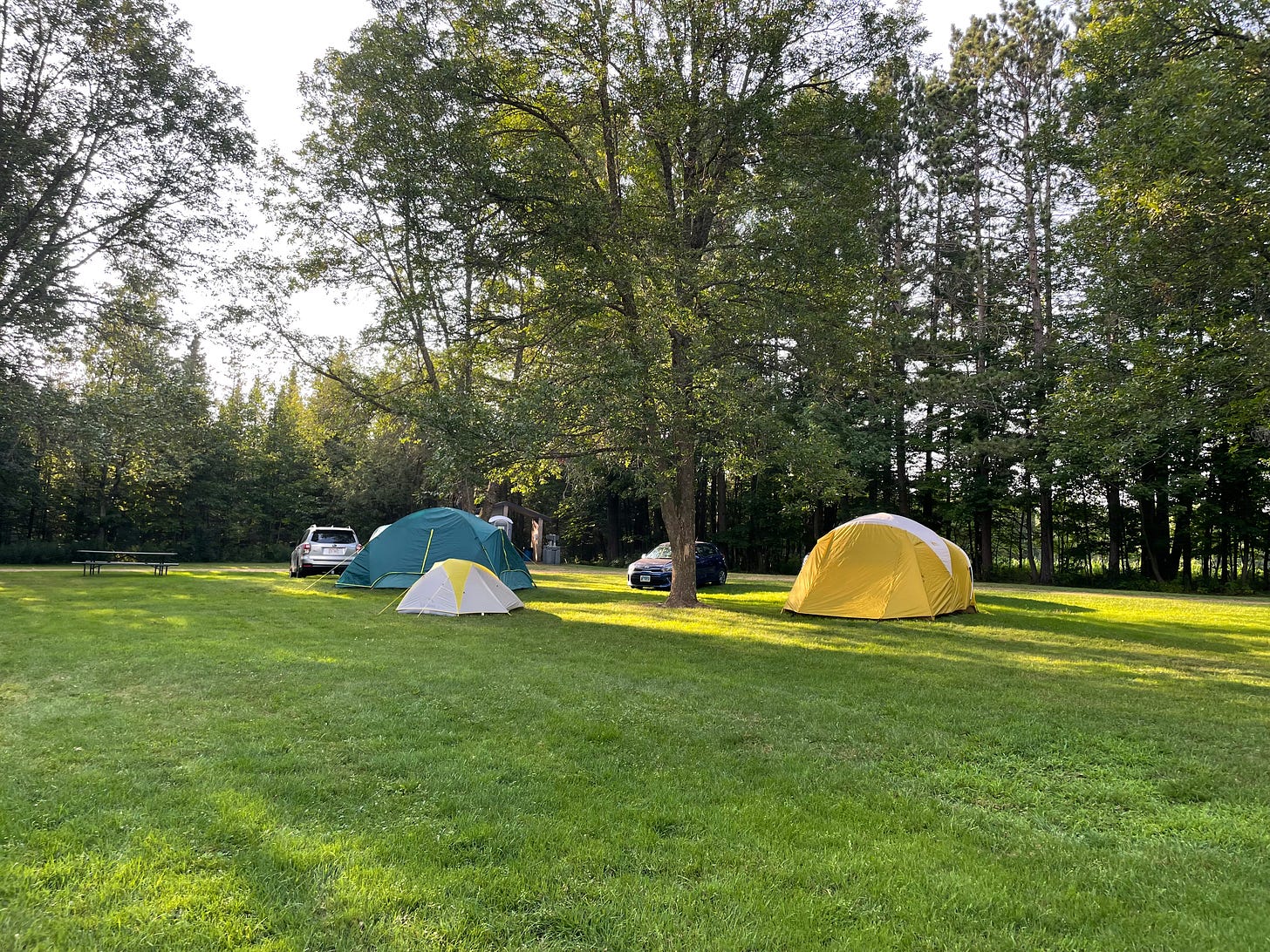 Two large tents and one small tent are in a grassy field, with a couple cars and lots of trees in the background.