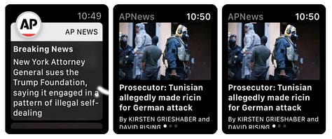Desktop, smartphone, and smartwatch displays of AP News