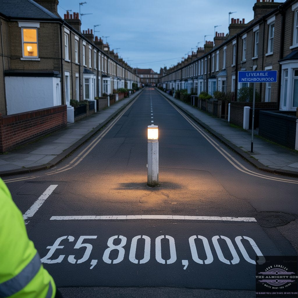 A bollard illuminated at pre-dawn on a British terraced street, road-marked £5,800,000, with a Liveable Neighbourhood sign and a hi-vis worker visible — Bristol EBLN LTN.