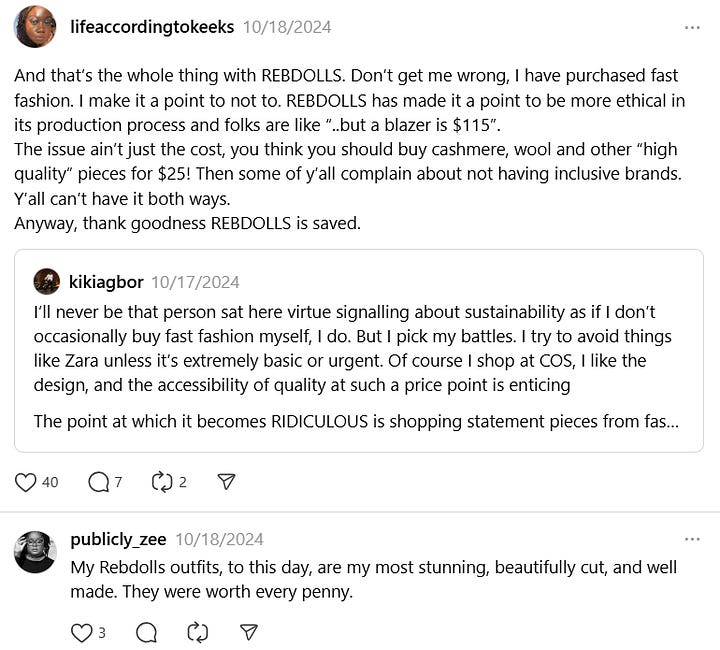 screenshots depicting what consumers think about rebdolls and how it is too expensive or just right for the value