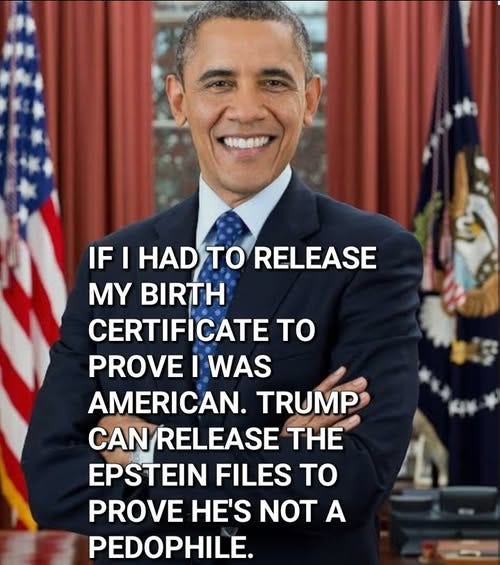 May be an image of 1 person, the Oval Office and text that says 'IF I HAD to RELEASE MY BIRTH CERTIFICATE TO PROVE I WAS AMERICAN. TRUMP CAN RELEASE THE EPSTEIN FILES TO PROVE HE'S NOT A PEDOPHILE.'