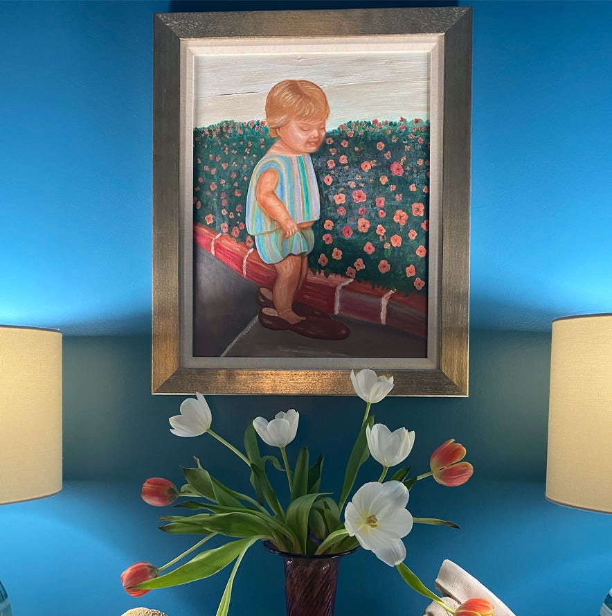 portrait of a toddler in a garden in an office arrangement