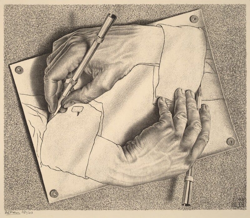 This grayscale print shows two hands that each hold a writing utensil and appear to be drawing each other on the paper they rest upon. The wrist connected to each hand is a simple line drawing, but as the hand continues towards the fingers it becomes more detailed. Behind the sheet of paper both hands are emerging from, there is a simple background composed of small gray dots.