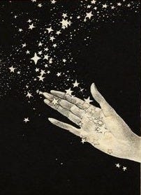 This may contain: a hand reaching for stars in the night sky with white ink on black paper background