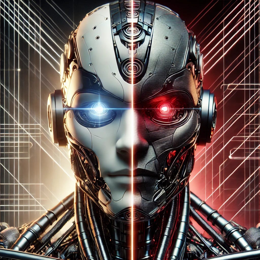 A futuristic robot with a distinctly mechanical appearance, featuring two faces integrated into its design: one on the left side, radiating kindness and friendliness, with a warm blue glow and a smooth, welcoming metallic surface, and the other on the right side, menacing and malevolent, with sharp, angular features, a red glow, and dark, rugged metal. The robot is standing in a digital environment filled with lines of code and abstract web-like structures, emphasizing its technological nature. The design highlights the duality with contrasting lights and materials, making it unmistakably robotic.