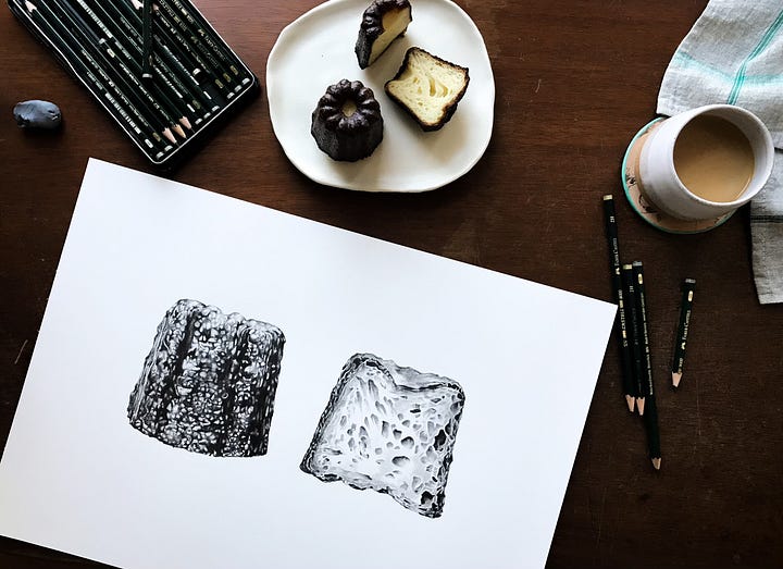 A image of the work in progress when the pencil drawing isn't quite finished, and an image of the finished drawing on a surface with pencils around it and an actual canelé on a plate above it.