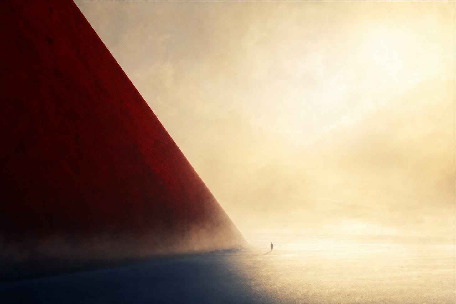 One small figure walks out of the shadow of an immense crimson pyramid into vast golden light. One small figure walks out of the shadow of an immense crimson pyramid into vast golden light.