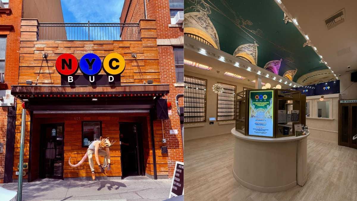 a side-by-side of NYC Bud's exterior and interior at their Midtown cannabis store a side-by-side of NYC Bud's exterior and interior at their Midtown cannabis store