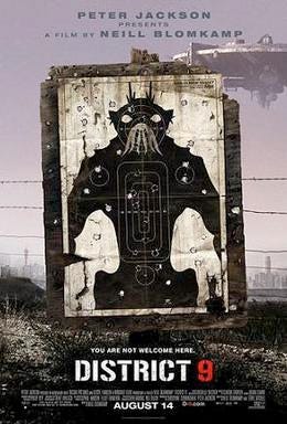 On dirty dusty ground, a black and white target practice poster of a bipedal insect-like alien creature stands, riddled with bullet holes. Barbed wire runs behind the poster and a large circular spaceship hovers in the background.