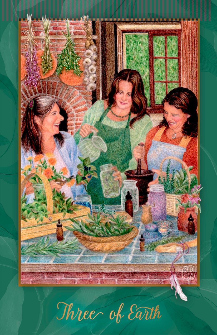 Three of Earth from the Gaian Tarot. Art by JPC.
