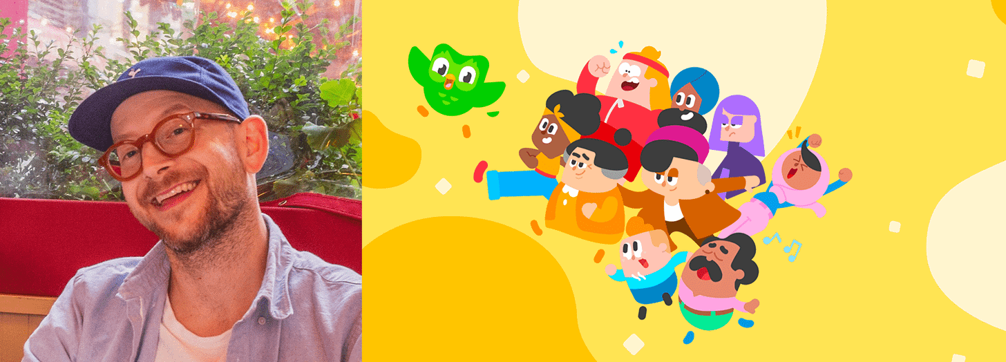 Left: Jay Fanelli headshot, Right: Duolingo promotional material