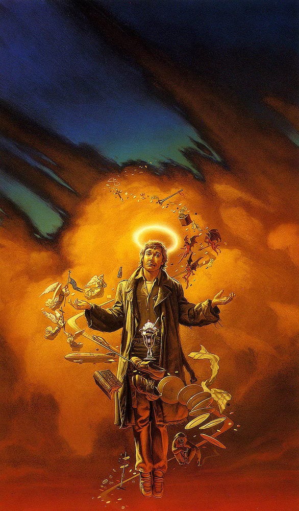A halo hangs over the head of an unkempt man in raggedy overcoat as he extends his hands in a shrug that says, "Whatya gonna do?" Weightlessly he floats in front of a violent sky covered by clouds tinted gold and red. A mix of symbols winds around him defined by a zig zag of a road. A futuristic silver sports car speeds along in ascent until it fades into clouds. Overhead coins, a cross and chalice spill along the path implied by the road. Over one shoulder a trio of tiny devils hover. Over his opposite shoulder, set lower down, a cluster of penitent angels gather. One carries a blue standard, another a large cross. In front of our everyman the symbols morph into nonsense: a blimp, a book, a sundae in parfait glass, a pair of old brown shoes, a variety of plates, and a monkey smoking a cigarette. A halo hangs over the head of an unkempt man in raggedy overcoat as he extends his hands in a shrug that says, "Whatya gonna do?" Weightlessly he floats in front of a violent sky covered by clouds tinted gold and red. A mix of symbols winds around him defined by a zig zag of a road. A futuristic silver sports car speeds along in ascent until it fades into clouds. Overhead coins, a cross and chalice spill along the path implied by the road. Over one shoulder a trio of tiny devils hover. Over his opposite shoulder, set lower down, a cluster of penitent angels gather. One carries a blue standard, another a large cross. In front of our everyman the symbols morph into nonsense: a blimp, a book, a sundae in parfait glass, a pair of old brown shoes, a variety of plates, and a monkey smoking a cigarette.