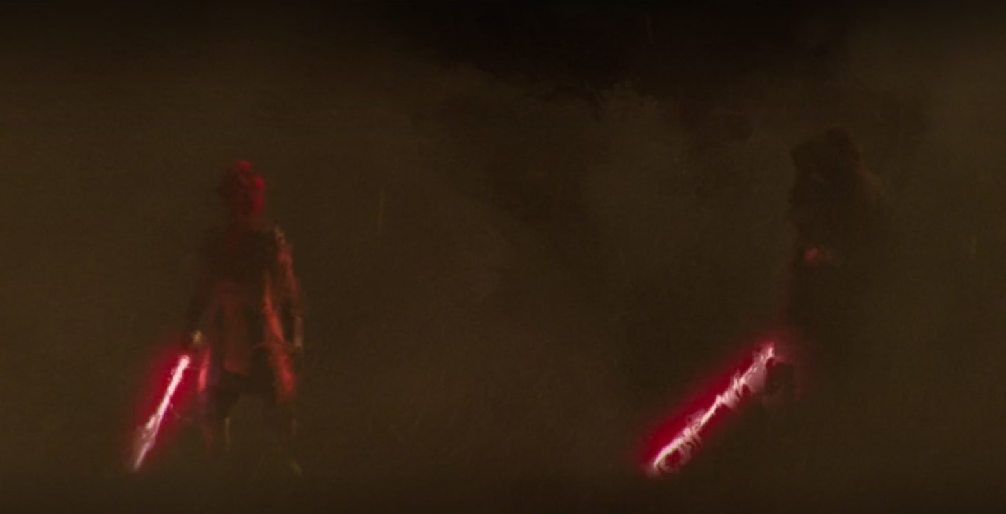Maul and Sidious holding lightsabers