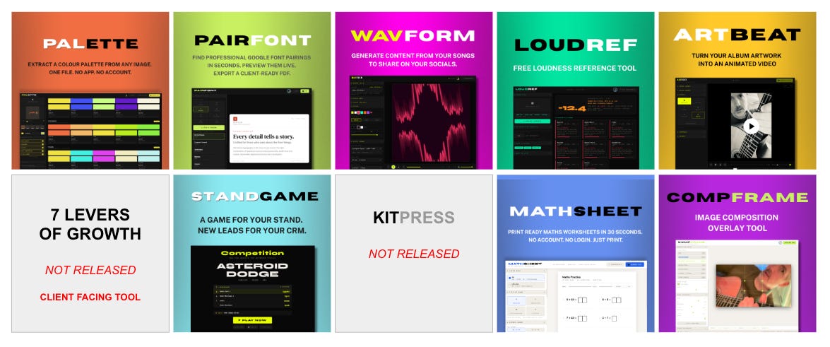 Image showing all 10 products in my tiny tools challenge where I got AI to code products I designed and promoted it to build. Image showing all 10 products in my tiny tools challenge where I got AI to code products I designed and promoted it to build.