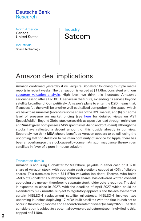 德意志銀行 Amazon-Globalstar 報告首頁