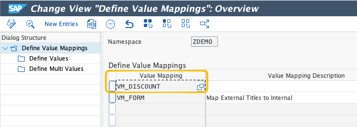 SAP AIF Customizing screen listing value mappings in namespace ZDEMO, including the entry VM_DISCOUNT.