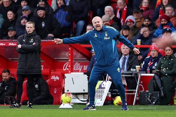 Sean Dyche, Manager of Nottingham Forest, reacts during the Premier League match between Nottingham Forest and Manchester City at the City Ground on...
