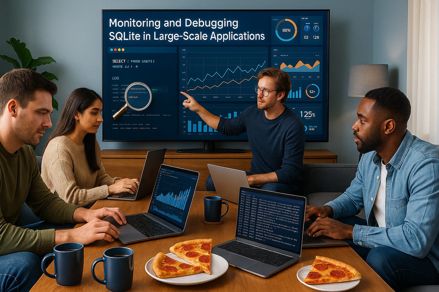 Team debugging SQLite performance with live graphs, log data, and pizza-fueled collaboration. 