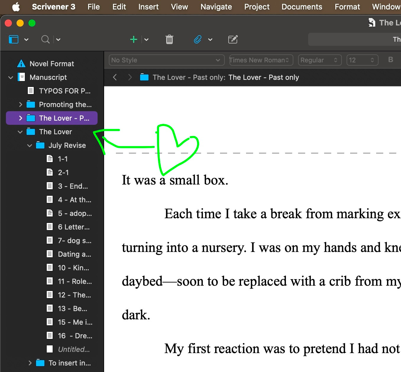 Userface of the Scrivener word processing app Userface of the Scrivener word processing app