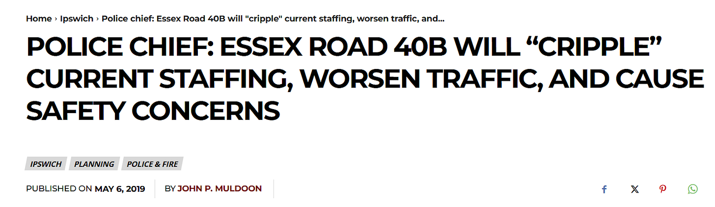 Screenshore of article title "Police chief: Essex Road 40B will “cripple” current staffing, worsen traffic, and cause safety concerns". Published on May 6, 2019, with tags "Ipswich", "Planning", "Police & Fire"